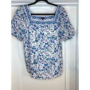 Talbots Womens Blue Purple Floral SongBird Square Neck Puff Sleeve Blouse Large